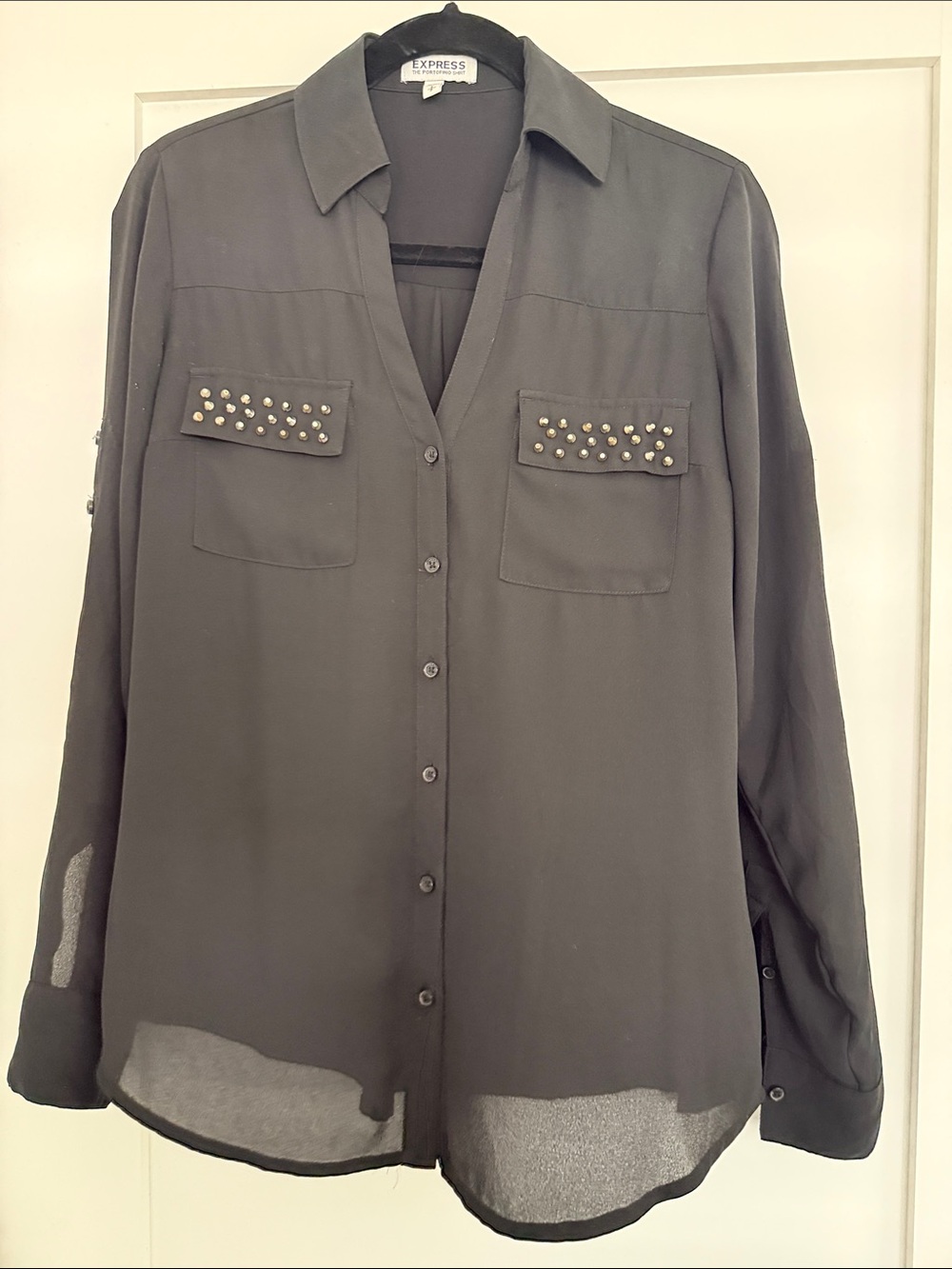 Express Portofino Black Button-Down Blouse with Studded Pockets